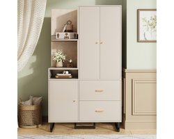 MEUNIQ kledingkast en halmeubel 110 x 38 x 186 cm met open vakken, hanggedeelte, 2 lades en deuren, garderobekast voor hal, entree of slaapkamer, beige en grijs