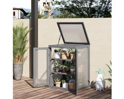 MEUNIQ kweekkas 58 x 44 x 78 cm met 2 deuren, opklapbaar dak en 2 uitneembare legplanken, tuinkas van hout en polycarbonaat voor terras of tuin, donkergrijs