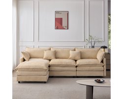 MEUNIQ L-vormige 3-zits hoekbank met chaise longue en hocker, afneembare hoezen, chenille, lage poten, woonkamer, licht koffiebruin