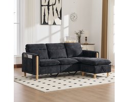 MEUNIQ L-vormige hoekbank 3-zits 201 cm met opberghocker, zijvakken, chenille bekleding en houten poten voor woonkamer in zwart