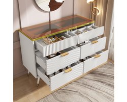MEUNIQ ladekast met 6 lades en amberkleurig glazen blad, 120 x 40 x 76 cm, met ladeverdelers en omvalbeveiliging voor slaapkamer en woonkamer, wit