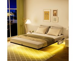 MEUNIQ metalen bed 140 x 200 cm met LED-verlichting, zwevend effect, lattenbodem, 2 USB en 1 USB-C, opbergtas, bedframe voor slaapkamer, zwart