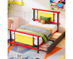 MEUNIQ metalen kinderbed 90x200 cm met lades, eenpersoons bedframe van metaal, geschikt voor matras 90x200, voor kinderkamer, rood
