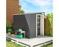 MEUNIQ metalen tuinhuis 154 x 206,5 x 181 cm met pultdak, schuifdeur, 2 verstelbare schappen en 2 haken, berging voor tuinspullen en fietsen, donkergrijs