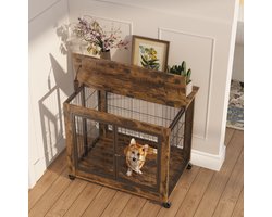 MEUNIQ meubelsstijl hondenbench voor binnen 80 x 56 x 69,5 cm met dubbele voordeur, zijdeur, opklapbare bovenkant en vergrendelbare wielen in zwart-bruin