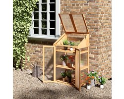 MEUNIQ mini kweekkas 70 x 50 x 120 cm met 3 regalen, dubbele deur en openklapbare bovenkant, houten kas met kunststof panelen voor tuin, balkon of terras, bruin