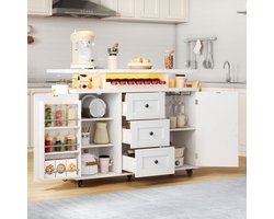 MEUNIQ Mobiele keukeninsel met uitklapbaar werkblad, 5 wielen, 3 lades, 2 deuren, wijnrek en glashouder, 120 x 42/60 x 93 cm, wit