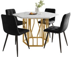 MEUNIQ moderne 5-delige set tafel en stoelen met zeshoekige eettafel, wit marmereffect, 4 zwarte eetkamerstoelen, gouden metalen poten voor eetkamer