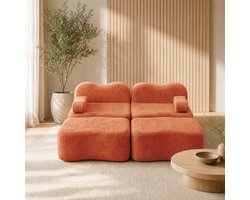 MEUNIQ modulaire 2-zits bank met 2 ottomans in oranje velvet, zonder frame, met losse armleuningkussens voor woonkamer en appartement