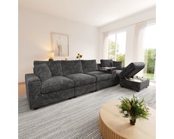 MEUNIQ modulaire hoekbank 313 x 147 x 82 cm met hocker, opbergruimte, bekerhouders, USB en Type-C, draaibare salontafel, chenille, grijs