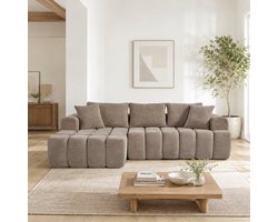 MEUNIQ modulaire hoekbank met chaise longue, velours bekleding, zit- en rugvulling van schuim, 3 rugkussens en 2 sierkussens voor woonkamer, khaki