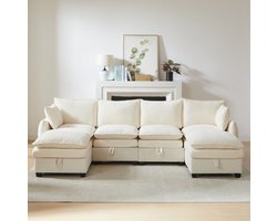 MEUNIQ Modulaire U-bank 281 x 147 x 89 cm met opbergruimte, 6 zitplaatsen, chenille bekleding en 2 hockers voor woonkamer, beige