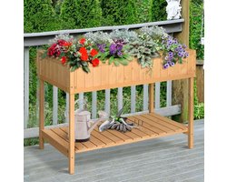MEUNIQ Moestuinbak op poten 110 x 46 x 76 cm met 8 vakken en afvoer, planttafel met legplank voor balkon, terras of tuin, naturel hout