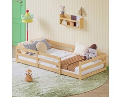 MEUNIQ Montessori kinderbed 90x200 cm met 4-zijdige veiligheidsomranding en lattenbodem, laag vloerbed voor kinderkamer, grenenhout, naturel