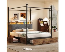 MEUNIQ Multifunctioneel metalen hemelbed 140 x 190 cm met opbergruimte, LED-verlichting, USB/Type-C en afneembaar baldakijn - Zwart