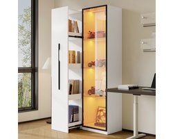 MEUNIQ multifunctionele kast 70 x 40 x 160 cm, boekenkast en vitrine met glazen deur, uitschuifbaar zijrek op wielen, LED-verlichting, wit