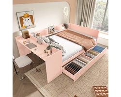 MEUNIQ Normaal bed 140x200 cm met bureau, 2 lades en 3 planken, tweepersoons bedframe met zijhekken en opbergruimte voor slaapkamer, roze