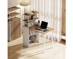MEUNIQ opklapbaar bureau 105 x 60 x 127 cm met 4 open schappen en inklapbaar ontwerp, computerbureau en werktafel voor thuiskantoor in naturel