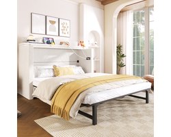 MEUNIQ opklapbed 140 x 200 cm met lade, opbergvak, USB en Type-C, Murphy bed zonder matras, beige stoffen afwerking voor slaapkamer