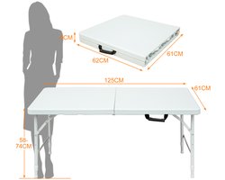 MEUNIQ Opvouwbare tuintafel 125 x 61 cm, in hoogte verstelbaar 58-74 cm, met handgreep, kunststof blad en stalen frame, wit
