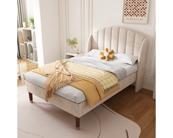 MEUNIQ Polsterbed 90x200 cm met lattenbodem en hoog hoofdbord, eenpersoons bed van stof voor slaapkamer, beige bedframe met houten latten en 150 kg draagvermogen