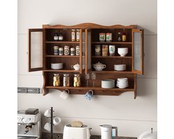 MEUNIQ retro wandkast 100 x 20 x 80 cm met 4 deuren, uitneembare planken en open haakrek, wandmontage opbergkast voor keuken, badkamer of eetkamer, bruin