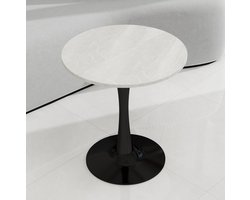 MEUNIQ Ronde eettafel 70 cm voor 2 personen met wit marmerlook blad en zwart 1-zuil onderstel - 72 cm hoog voor eetkamer en woonkamer