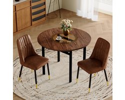 MEUNIQ ronde eettafelset met 2 stoelen, tafel van 100 cm met houtlook en glazen inleg, zwart metalen poten, modern voor eetkamer en keuken