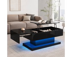 MEUNIQ Salontafel 100 x 50 x 45 cm met hydraulisch hefblad, zijwaarts schuifbaar tafelblad, LED-verlichting en opbergruimte voor de woonkamer, zwart hoogglans