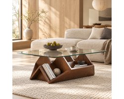 MEUNIQ salontafel 103 x 63 x 33,5 cm met gehard glazen tafelblad, open opbergvakken en MDF onderstel in walnootkleur voor de woonkamer
