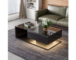 MEUNIQ Salontafel 105 x 55 x 32,5 cm met glazen blad, open opbergvak en LED-verlichting met 16 kleuren voor woonkamer, zwart hoogglans