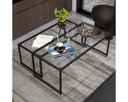MEUNIQ salontafel set van 2 met glazen blad en zwart stalen frame, stapelbare bijzettafels 119 x 56 x 44,5 cm, rechthoekige tafels voor woonkamer of slaapkamer