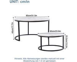 MEUNIQ salontafelset van 2 – nestbare salontafels met wit MDF-blad in marmerpatroon, zwart ijzeren frame, voor woonkamer of kantoor