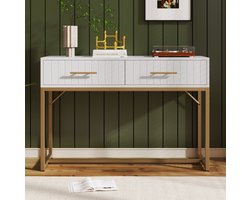 MEUNIQ schminktafel 100 x 45 x 75 cm met 2 lades, wit bureau voor slaapkamer, metalen onderstel, opbergruimte voor cosmetica en accessoires