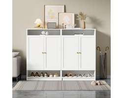 MEUNIQ Schoenenkast 146 x 34 x 109 cm met 2 deuren, verstelbare planken, open vakken en gouden handgrepen, staande opbergkast voor hal of entree, wit