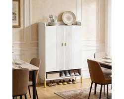 MEUNIQ Schoenenkast 75 x 36,5 x 110 cm met 2 deuren, 6 niveaus en verstelbare planken, staande opbergkast voor maximaal 20 paar schoenen voor hal of slaapkamer, wit en goud