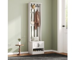 MEUNIQ Schoenenkast met 2 deuren en 8 haken, 50 x 36 x 190 cm, staand halmeubel met kapstok, achterwand en open schoenvak, wit