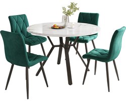 MEUNIQ Set tafel en stoelen 5-delig met ronde eettafel diameter 100 cm, MDF blad met marmerlook, zwart metalen onderstel en 4 groene ergonomische stoelen