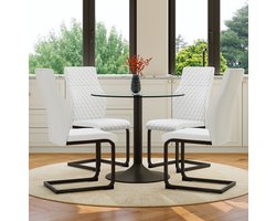 MEUNIQ set tafel en stoelen met ronde glazen eettafel Ø 85 cm en 4 witte eetkamerstoelen met hoge rugleuning en ruitstiksel, metalen frame voor eetkamer of keuken