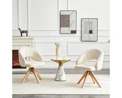 MEUNIQ Set van 2 draaibare eetkamerstoelen kuipstoelen met armleuningen, witte stof, houten poten, retro stijl voor eetkamer en woonkamer