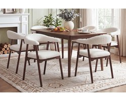 MEUNIQ set van 6 eetkamerstoelen met armleuningen, bouclé stof en houten frame, 60,5 x 57 x 79,5 cm, voor eetkamer of woonkamer, walnoot en beige