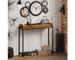 MEUNIQ Sidetable 100 x 30 x 91 cm smalle konsolentafel met opstaande rand, metalen frame en houtlook blad voor hal, entree of woonkamer in rustiek bruin