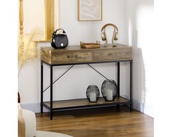 MEUNIQ sidetable 100x35x76,5 cm met 2 lades en onderplank, industriële consoletafel voor hal of woonkamer, bruin en zwart