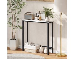 MEUNIQ sidetable 75 x 24 x 76 cm met marmerlook blad, verstelbare voetpads en kantelbeveiliging, smalle flurtafel voor hal, woonkamer of slaapkamer, zwart