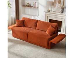 MEUNIQ Slaapbank 2-zits 182 x 88 x 84 cm in oranje corduroy met metalen frame, houten armleuningen en slaapfunctie voor woonkamer, kantoor of studio