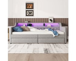 MEUNIQ slaapbank 90 x 200 cm met lattenbodem, LED sfeerverlichting met afstandsbediening, USB-aansluiting en 2 lades, daybed voor slaapkamer, grijs