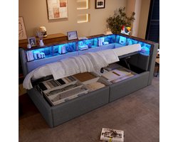 MEUNIQ slaapbank 90x200 cm met opbergruimte, LED-verlichting, USB en Type-C, hydraulische opbergbak, opbergvakken en stof in grijs voor slaapkamer