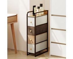 MEUNIQ smalle commode met 4 stoffen lades en stalen frame, opbergkast 47 x 20 x 84,5 cm met houten bovenblad, voor slaapkamer of woonkamer, multicolor