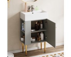 MEUNIQ Staand badkamermeubel 55 cm met witte keramische wastafel, 1 deur en open vakken, grijs MDF wastafelonderkast voor badkamer