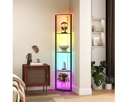 MEUNIQ staande lamp met 5-laags opbergrek, 5-traps dimbaar LED licht met RGB kleurwissel en afstandsbediening, hoeklamp voor woonkamer, zwart 42 x 29,5 x 163 cm